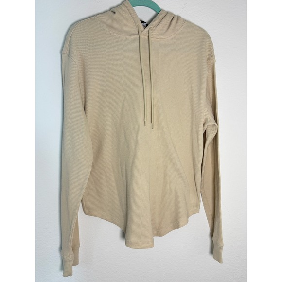 Tops - Waffle Knit Thermal Hoodie Tan Beige Curved Hem Long Sleeve Pullover
